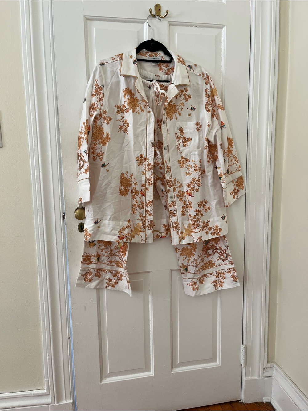 Natori White Cotton Pajama Set with Orange Floral Embroidery